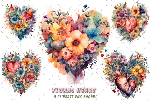 Retro Floral Heart Watercolor Clipart Bundle, Sublimation, Floral Heart Sublimation FloridPrintables 