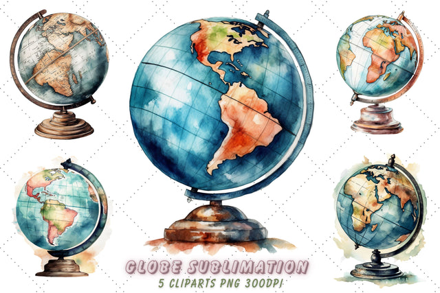 Retro Globe Watercolor Clipart Bundle, Sublimation, Globe Watercolor Sublimation FloridPrintables 
