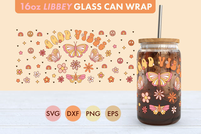 Retro Good Vibes SVG 16 oz Libbey Glass Can Wrap SVG Freeling Design House 