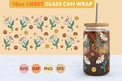 Retro Groovy Daisies SVG 16 oz Libbey Glass Can Wrap SVG Freeling Design House 