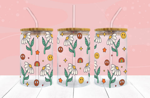 Retro Groovy Daisies SVG 16 oz Libbey Glass Can Wrap SVG Freeling Design House 