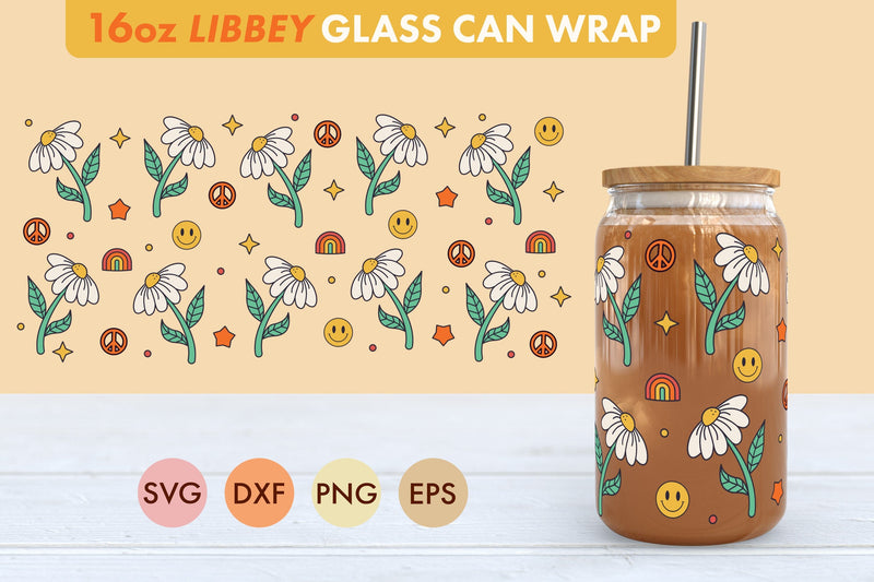 Retro Groovy Daisies SVG 16 oz Libbey Glass Can Wrap SVG Freeling Design House 