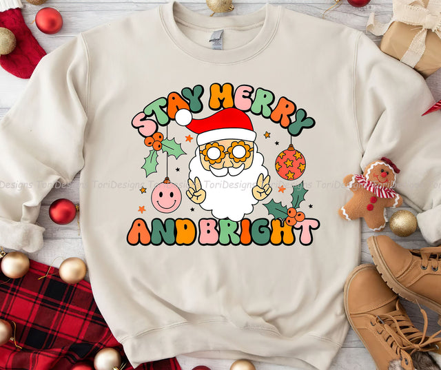 Retro Groovy Stay Merry & Bright Christmas Santa Claus Sublimation Design Download Sublimation ToriDesigns 