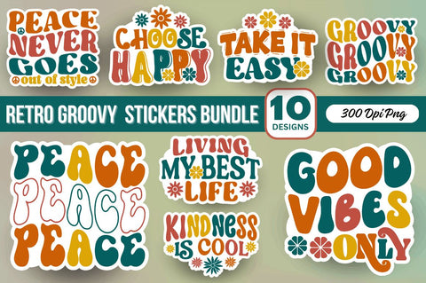 Retro Groovy Stickers Bundle Sublimation Regulrcrative 