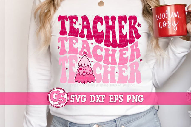 Retro Groovy Teacher Teacher Teacher Pink Christmas Trees SVG DXF EPS PNG SVG Greedy Stitches 