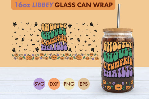 Retro Halloween Ghost Ghouls SVG 16 oz Libbey Glass Can Wrap SVG Freeling Design House 