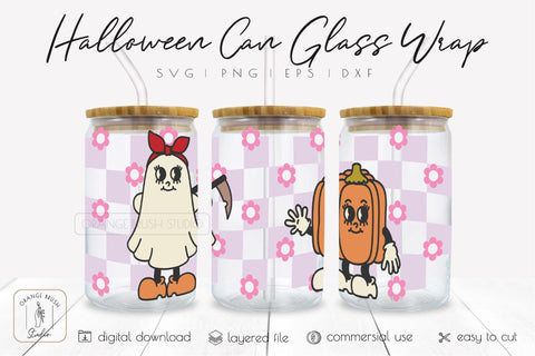 Retro Halloween Libbey Can Glass Wrap 16 Oz Ghost SVG File SVG OrangeBrushStudio 