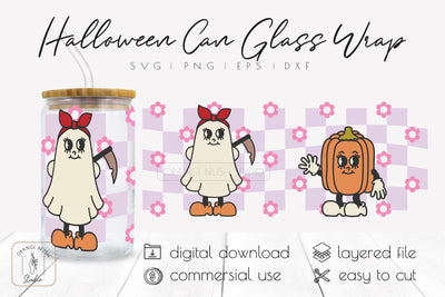Retro Halloween Libbey Can Glass Wrap 16 Oz Ghost SVG File SVG OrangeBrushStudio 
