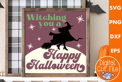 Retro Halloween Sign Svg, Witching You A Happy Halloween SVG Crafty Mama Studios 