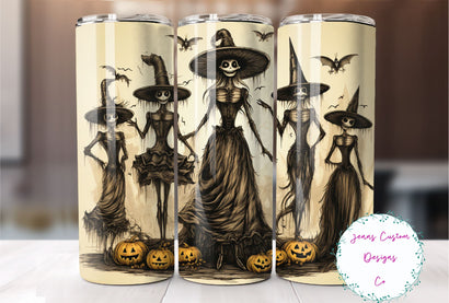 Retro Halloween Skeleton Witches 20 oz Skinny Tumbler Sublimation Design Digital Download PNG Instant DIGITAL ONLY, Straight tumbler wrap. Sublimation Jenn Driscoll 