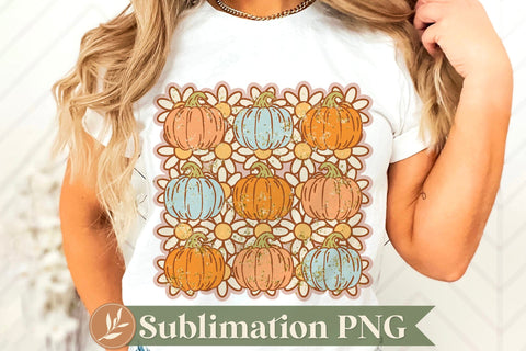 Retro Halloween Sublimation File, Grunge Pumpkins and Daisies PNG Sublimation LilleJuniper 