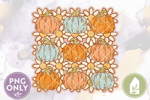 Retro Halloween Sublimation File, Grunge Pumpkins and Daisies PNG Sublimation LilleJuniper 