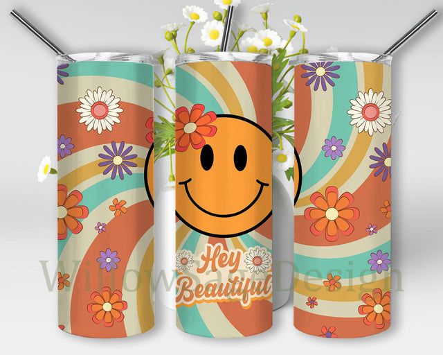 Retro Hey Beautiful 20oz Skinny Tumbler, Retro Smiley Face Tumbler Design, Retro Flower Tumbler Wrap, Retro Sublimation Design, Instant Download Sublimation WillowSageDesign 