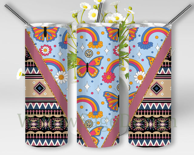 Retro Hippy 20oz Tumbler Template, Aztec Aesthetic Tumbler Png, Boho Rainbow Butterfly Tumbler Design, Hippy Sublimation Design, Instant Download Sublimation WillowSageDesign 