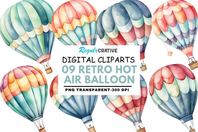 Retro Hot Air Balloon Watercolor Clipart Sublimation Regulrcrative 