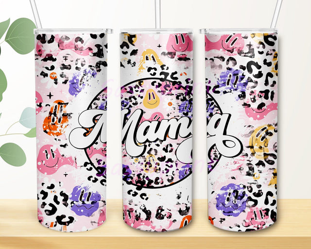 Retro Mama 20oz Skinny Tumbler, Mama Tumbler Design, Retro Smiley Tumbler Wrap, Leopard Print Tumbler Png, Mother's Day Gift, Digital Download Sublimation sassyprint 