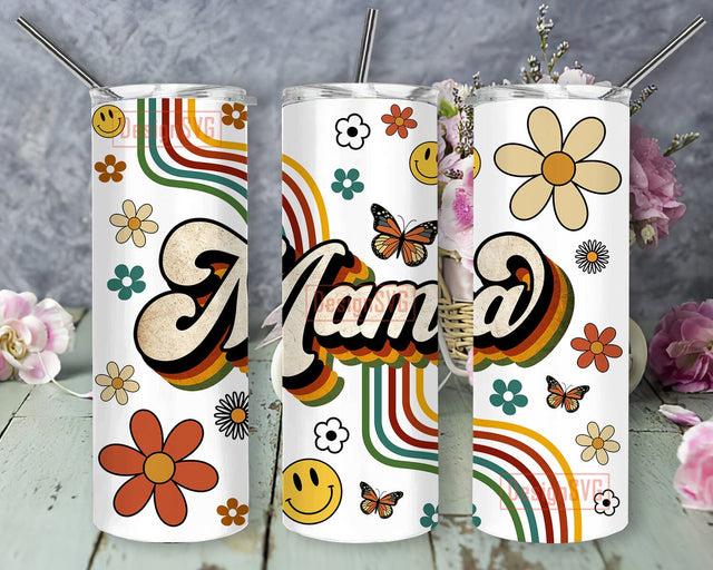 Retro Mama 20oz Skinny Tumbler, Smile Face Tumbler Png, Boho Rainbow Tumbler Wrap, Retro Flower Design Png, Mama Sublimation Design, Instant Donwload Sublimation DesignSVG 