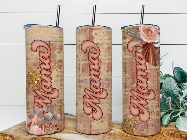 Retro Mama 20oz Tumbler Design, Floral Mama Tumbler Png, Wood Glitter Tumbler Wrap, Mama Tumbler With Lid And Straw, Mother's Day Gift, Digital Download Sublimation iStyleDesign 