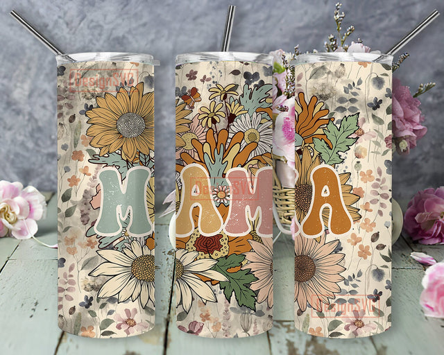 Retro Mama Tumbler Design, Mama 20oz Skinny Tumbler, Retro Floral Tumbler Wrap, Vintage Mama Floral Tumbler Png, Mama Sublimation Design, Instant Download Sublimation DesignSVG 