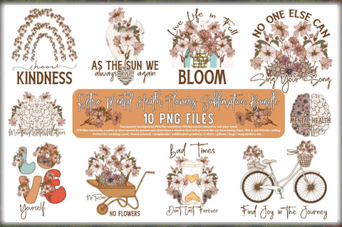 Retro Mental Health Flowers PNG Bundle Sublimation Jagonath Roy 