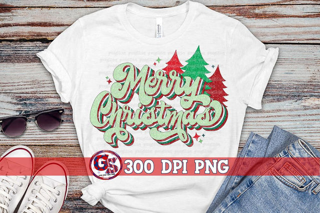 Retro Merry Christmas Trees PNG for Sublimation Sublimation Greedy Stitches 