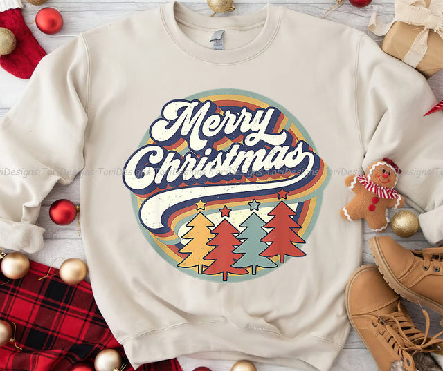 Retro Merry Christmas With Christmas Trees PNG Sublimation Design Sublimation ToriDesigns 