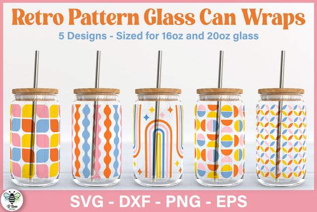 Retro Pattern Glass Can Wraps | 16oz and 20oz Libbey Can Glass SVG SVG B Renee Design 