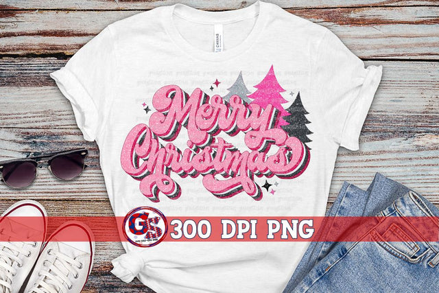 Retro Pink Merry Christmas Trees PNG for Sublimation Sublimation Greedy Stitches 