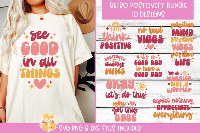 Retro Positivity SVG Bundle | 10 Positive Shirt Quotes SVG Cheese Toast Digitals 