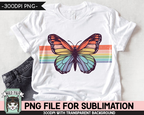 Retro Rainbow Butterfly SUBLIMATION design PNG, Retro Stripe Butterfly Sublimation, Retro PNG sublimation, Vintage Butterfly Sublimation Sublimation Wild Pilot 