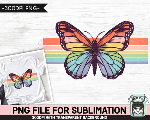 Retro Rainbow Butterfly SUBLIMATION design PNG, Retro Stripe Butterfly Sublimation, Retro PNG sublimation, Vintage Butterfly Sublimation Sublimation Wild Pilot 