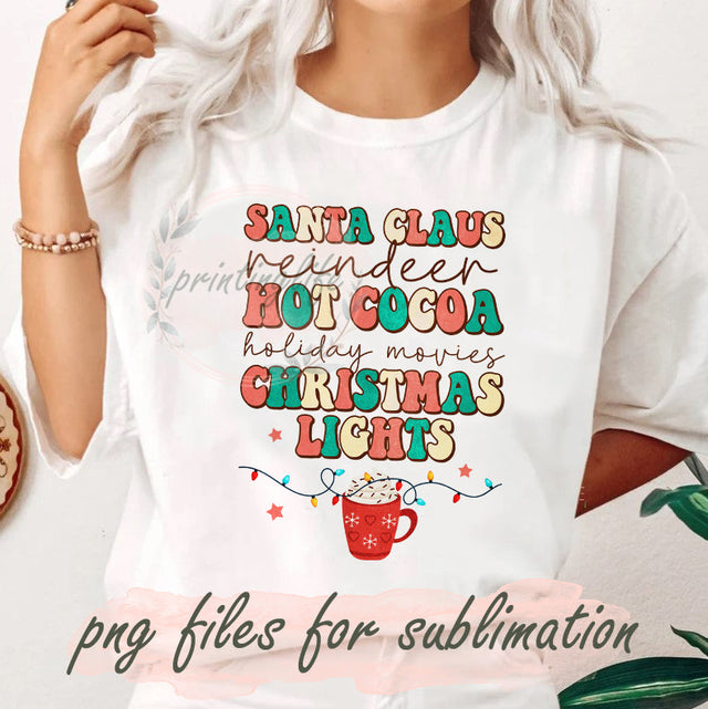 Retro Santa Claus Reindeer Hot Cocoa Holiday Christmas Lights Png, Hot Cocoa PNG, Christmas Design Png, Retro Christmas Sublimation Design, Digital Download Sublimation PrintingLife 
