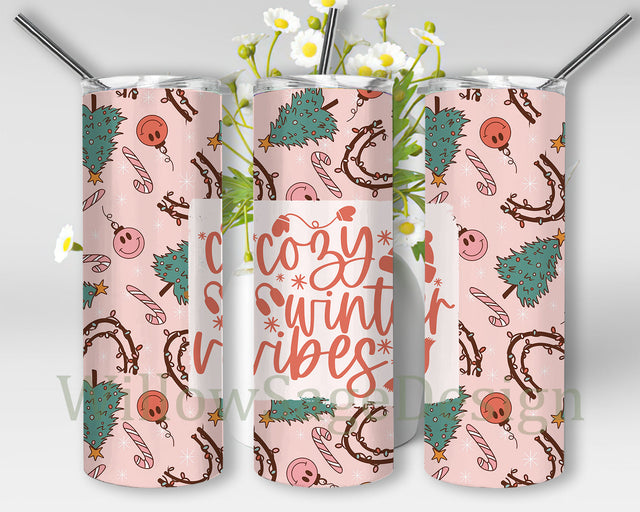 Retro Smiley Cozy Winter Vibes Tumbler Design, Retro Christmas 20oz Skinny Tumbler, Winter Tumbler Png, Merry Christmas Sublimation Design, Digital Download Sublimation WillowSageDesign 