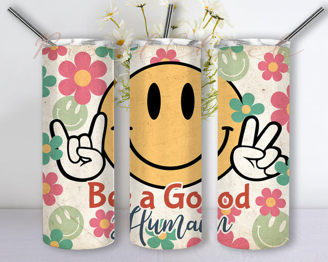 Retro Smiley Face 20 Oz Skinny Tumbler WrapBe A Good Human Tumbler Wrap, Be Kind Kindness Tumblers Sublimation Designs, Digital Download Sublimation PixelChick 
