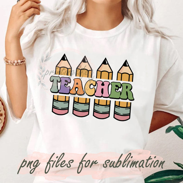 Retro Teacher Pencil Design Png, Pencils Sublimation PNG, Teacher PNG, Teacher Lover Png, Back to School Png, Teacher Sublimation Design, Digital Download Sublimation PrintingLife 