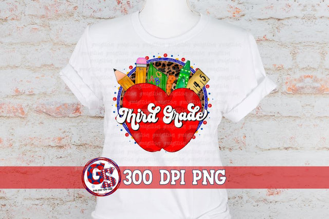 Retro Third Grade Back to School Apple PNG for Sublimation Sublimation Greedy Stitches 