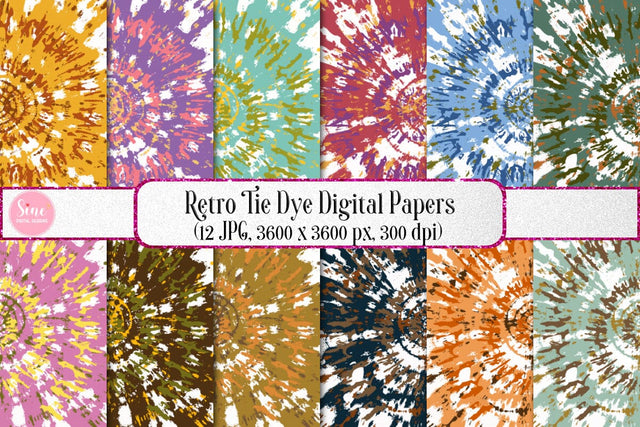 Retro Tie Dye Digital Papers Backgrounds Set Digital Pattern SineDigitalDesign 