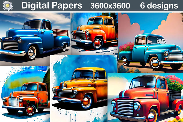 Retro Truck Digital Paper | 3D Retro Truck Illustration Digital Pattern WatercolorColorDream 