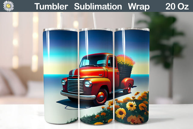Retro Truck Floral Tumbler | Vintage Red Truck Tumbler Sublimation WatercolorColorDream 