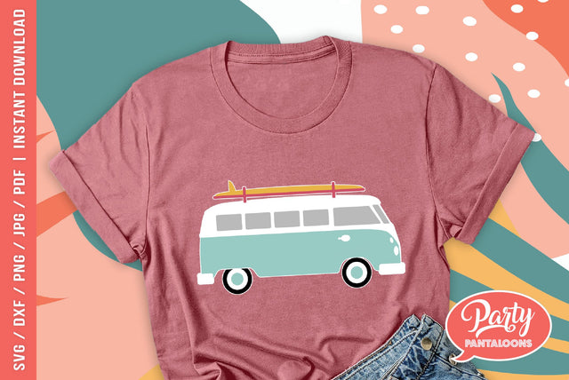 RETRO VAN WITH SURFBOARD | summer, beach vibes, surfing SVG SVG Partypantaloons 