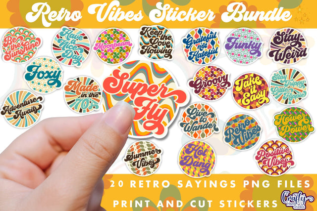 Retro Vibes 70s PNG Sticker Bundle | 20 Groovy Sayings SVG Crafty Mama Studios 