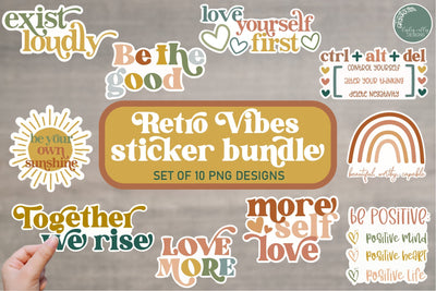 Retro Vibes Sticker Bundle-Positive Vibes Stickers PNG Sublimation Linden Valley Designs 