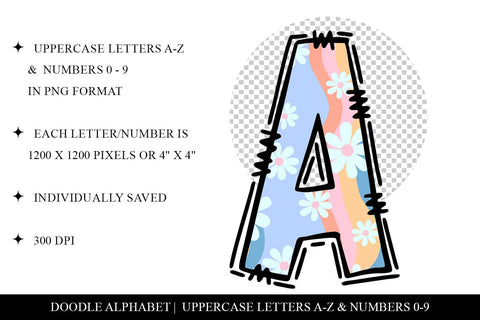 Retro Wavy Daisy Hand Drawn Doodle Letter Alphabet Set Sublimation BijouBay 