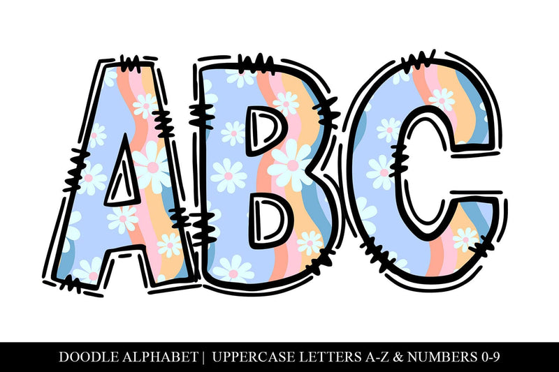 Retro Wavy Daisy Hand Drawn Doodle Letter Alphabet Set Sublimation BijouBay 