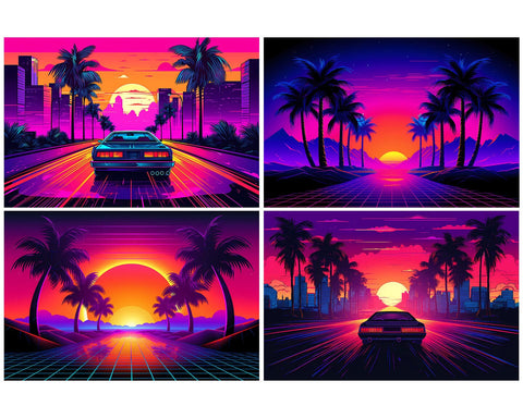 Retrowave Summer Background, Palm Tree, Car, Sunset, JPG Sublimation nikola 