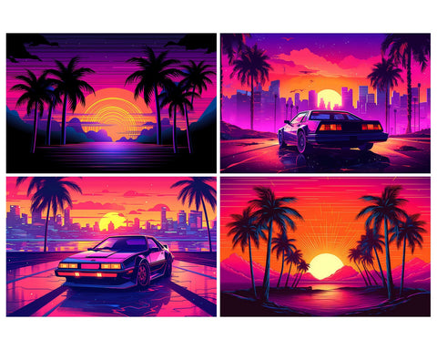 Retrowave Summer Background, Palm Tree, Car, Sunset, JPG Sublimation nikola 