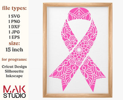 Ribbon zentangle svg, Ribbon zentangle png, Breast cancer ribbon svg, Ribbon mandala svg, Cancer ribbon png, Breast cancer mandala svg SVG MAKStudion 
