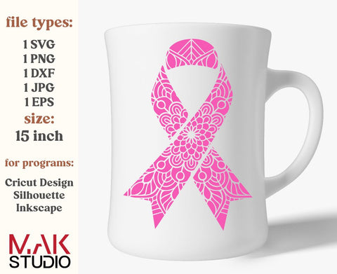 Ribbon zentangle svg, Ribbon zentangle png, Breast cancer ribbon svg, Ribbon mandala svg, Cancer ribbon png, Breast cancer mandala svg SVG MAKStudion 