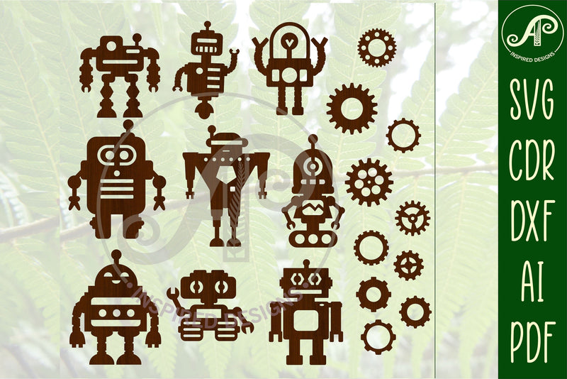 Robot SVG bundle. 9 designs laser cut shapes - So Fontsy
