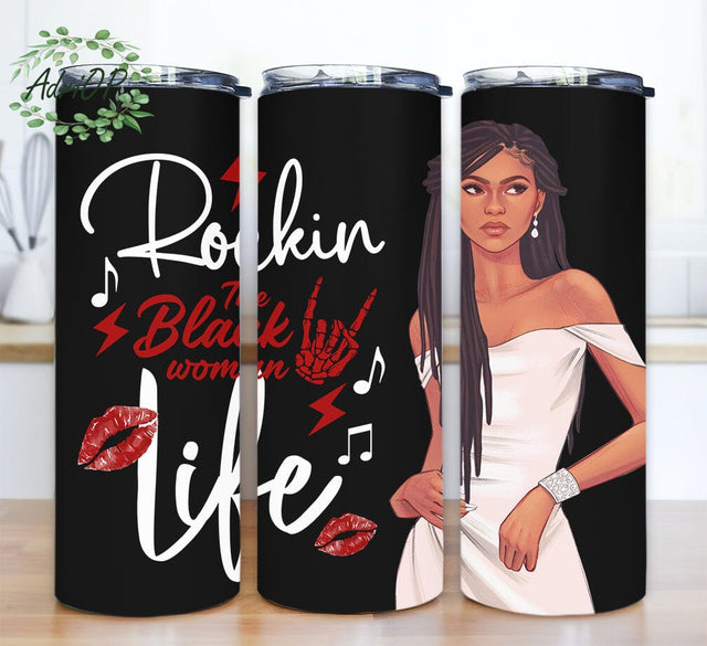Rockin The Black Woman Life 20oz Skinny Tumbler Png, Black Women Tumbler, Queen Black Women Tumbler, Birthday Gift Christmas Gift Black Women Sublimation AdriOP 